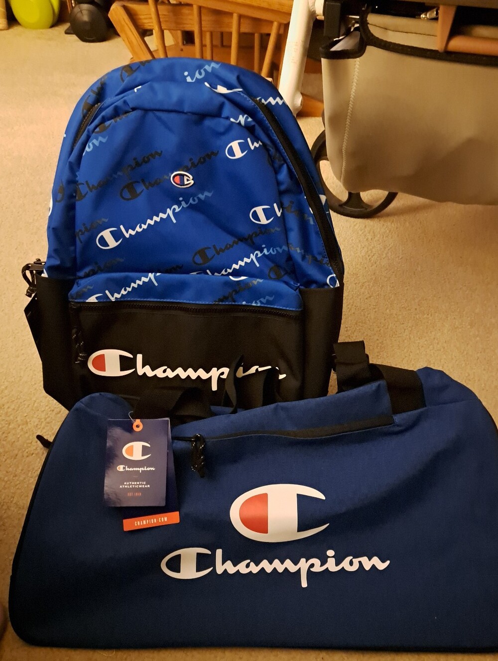 Champion Blue Duffel and Backpack Set with Black Straps